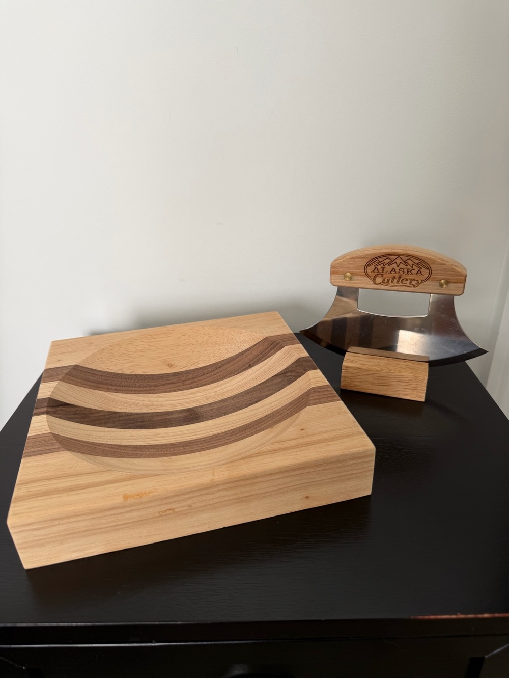 Authentic Alaskan Ulu Knife with Matching Curved Wooden Cutting Bowl